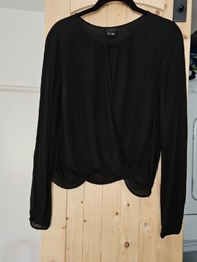 Theory Black Semi-Sheer Silk Blouse With drop Keyhole Top